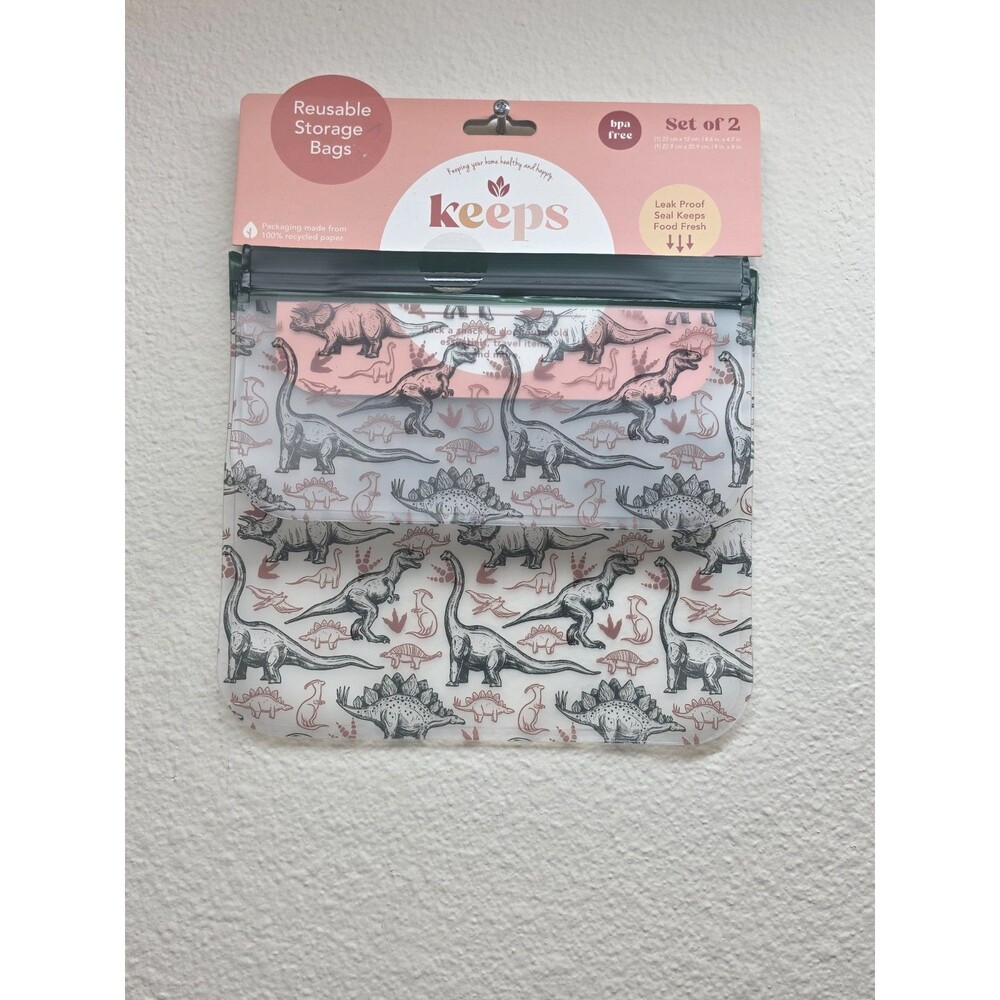Keeps Reusable Storage Bags 2 Pack Dinosaur Pattern Eco-Friendly Snack Sandwich